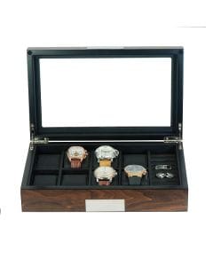 Luxury Signature Wooden Watch & Cufflink Storage Box, 8 Slot Organizer with Glass Display Lid, Walnut Finish, PU Leather Lining, Matte Display Case