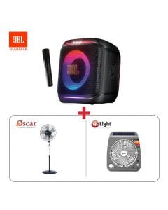 JBL Partybox ENCORE2 Portable Party Speaker + Oscar Stand Fan With Remote + Mr. Light Rechargeable Fan