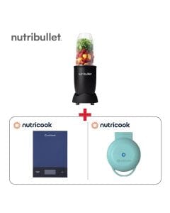 NutriBullet 900W Smoothie Maker 9-Piece Matte Black + Nutricook Mini Waffle Maker Aqua Marine + Nutricook Kitchen Scale Blue - Smoothie & Snack Bar Bundle (301006000000044 + 301006000000102 + 301006000000119)