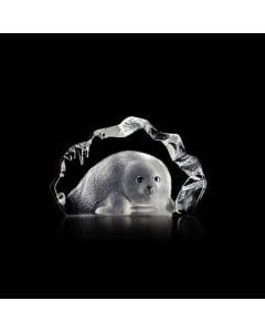 Maleras Baby Seal Crystal Sculpture, Handmade Cast Crystal Art with Engraved & Sandblasted Motif, Clear, 130 x 80mm, Design by Mats Jonasson