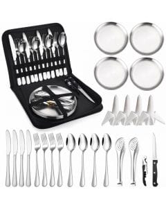 KASCNR Camping Silverware Kit, Portable Picnic Utensil Set for 4 People, Stainless Steel Plates and Cutlery Set for Camping, Hiking, Travel and Outdoor Dining