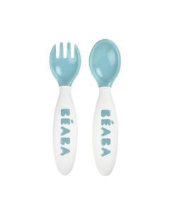 Beaba 2nd Age Training Fork And Spoon, Ergonomic Shape, No Risk Of Harming Gums, Rounded Edges - Windy Blue