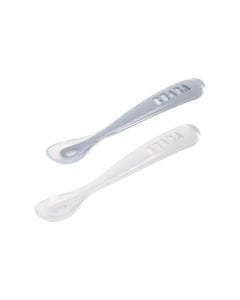 Beaba 1st Age Silicone Spoon Set Of 2 With Box, Long Handle, Thin Tip And Shallow Spoon - Pebble/Cloud Blue