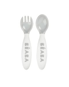 Beaba 2nd Age Training Fork And Spoon, Ergonomic Shape, No Risk Of Harming Gums, Rounded Edges - Light Mist