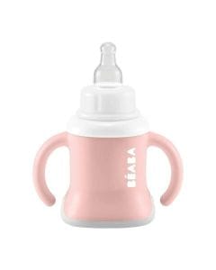Beaba 3 In 1 Evolutionary Training Cup, 1st Stage Bottle Function, Removable Ergonomic Handles, Evoluclip Anti-Leak Closing System - Old Pink