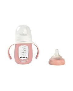 Beaba 2 In 1 Learning Bottle 210ml With Silicone Sleeve, Removable Cover And Handles, 100% Leak-proof, Fully Disassemblable - Old Pink
