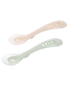 Beaba Second Age Silicone Spoons + Carrying Case Set of 2, Soft And Flexible Spoon, Ergonomic In Design, Dishwasher-Safe - Clay/Misty Green