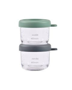 Beaba Conservation Glass Jar Set 150ml 2 Pieces, Short- And Long-Term Storage, Airtight, Microwave-Safe - Mineral/Sage Green
