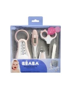 Beaba Hanging Toiletry Pouch With 9 Accessories, Integrated Multi-Storage, Easily Transportable, Rotating Hook, Compact And Versatile Care Kit - Old Pink