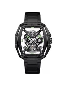 CIGA Design Z Series Hunter Black Automatic Watch, Tonneau Stainless Steel Case, Transparent Dial, Sapphire Crystal, Black Steel Bracelet, 30M Water Resistant