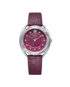 Saga Stella Flower Fuchsin Stingray Strap Watch, 35mm 316L Stainless Steel Case, Swarovski Zirconia, Mother of Pearl Dial, Swiss Ronda 763 Movement