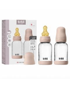 BIBS Round Latex Slow Flow Glass Baby Bottle 120ml 2 Pack , Natural Rubber Latex Nipple, BPA And PVC Free, Flow Controlled Feeding - Blush