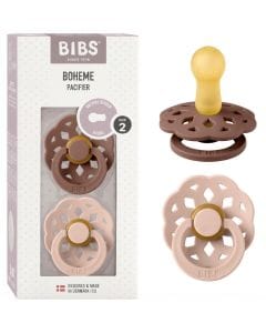 BIBS Boheme Latex Pacifier Size 2 6+ Months 2 Pack, Comforting And Stimulating, Natural Rubber Nipple, Lightweight Shield Design - Woodchuck/Blush