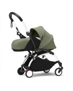 Stokke YOYO3 Newborn Stroller Pack & White Frame, Olive - Travel-Friendly Compact Pram for Infants, Premium System that Lets Your Newborn Lie Flat in a Secure, Cozy Nest