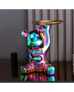 Luxury Signature Vibrant Bear Resin Statue with Key Tray, Decorative Organizer Sculpture, 18x20.8cm Tabletop Accent for Entryway, Home & Office Decor
