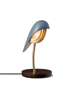 Daqi Concept Bird Light, Handcrafted Porcelain Bird Table Lamp, Walnut Wooden Base, Matte Gold Finish, Indigo Blue LED Ambient Light