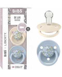 BIBS X Liberty De Lux Eloise Silicone Round Pacifier One Size 6+ Months 2 Pack, 100% Food Grade Materials, Lightweight Design - Baby Blue Mix
