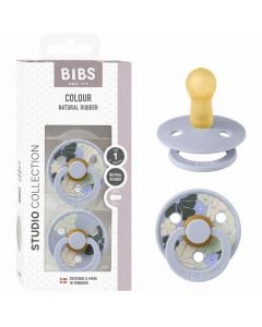 BIBS Morning Bloom Latex Pacifiers Studio Colour Size 1 0+ Months 2 Pack, Timeless And Elegant Design, Lightweight Shield - Dusty Blue Mix