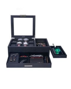 Luxury Signature 8-Slot Leather Watch Box with Drawer, Glass Display Lid, Velvet Interior, Watch & Jewelry Storage Case - Black 
