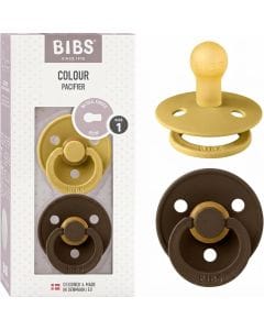 BIBS Latex Round Pacifier 0-6 Months Size 1 2 Pack, Vents For Air Circulation, Round Nipple Shape, Lightweight And Timeless Design - Mustard/Mocha