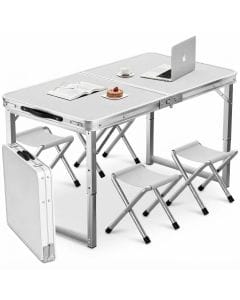 TAME 4 ft Folding Camping Table with Four Chairs, Adjustable-Height Portable Aluminum Picnic Table Set