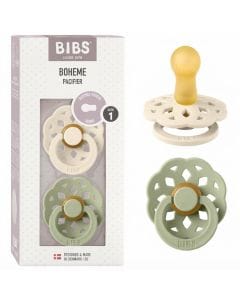 BIBS Boheme Pacifiers Size 1 0+ Months 2 Pack, Natural Rubber Latex Nipple, Seamless Feeding Transition, Gentle Shield Design - Ivory/Sage