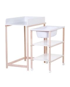 Childhome Changing Table And Bath With Wheels, Compact Storage, Extra-Large Care Unit, Lockable Wheels - Natural White