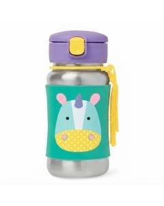 Skip Hop Zoo Unicorn Stainless Steel Straw Bottle 12+ Months 350ml, No-slip Silicone Sleeve, Flexible Straw Flips Down To Stay Clean - Multicolour