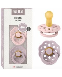 BIBS Boheme Pacifiers Size 2 6+ Months 2 Pack, Natural Rubber Latex Nipple, Seamless Feeding Transition, Gentle Shield Design - Blossom/Dusky Lilac