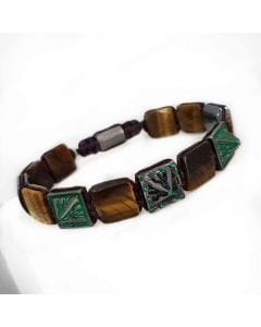 Eastwest Volcano Series Bracelet, 925 Sterling Silver Beads, Green Swarovski Stones, Natural Tigereye & Hematite Stones