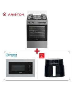 Ariston 60cm Freestanding Cooking Range 4 Gas Burners Stainless Steel + Indesit 25Ltr Built-In Microwave Oven with Grill Function + Veeteek 6.5L Air Fryer 1800W Black Bundle (301004000000229 + 301003000000109 + 603001000010486)