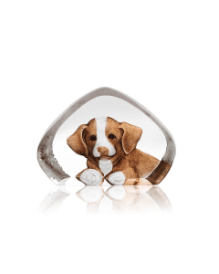 Maleras Dog Miniature Crystal Sculpture, Handmade Swedish Cast Crystal, Hand-Painted Brown & White Finish, Sandblasted Details, Signed by Mats Jonasson