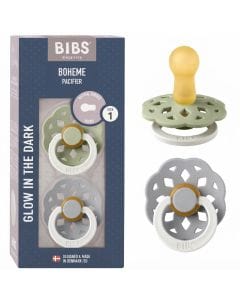 BIBS Boheme Glow Pacifiers Size 1 0+ Months 2 Pack, Natural Rubber Latex Nipple, Seamless Feeding Transition, Gentle Shield Design - Sage Glow/Cloud Glow