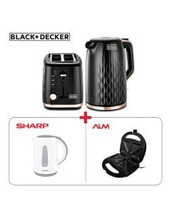 Black + Decker MBF90-B5 Breakfast Set Toaster + Kettle Black + Sharp 1.7L 2200W Electric Kettle White + ALM 2-Slice Sandwich Maker White Bundle (603001000003875 + 603001000012643 + 603001000012692)