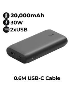 BELKIN 20K Power Bank with USB-C 30W PD + 1x 12W USB-A, 0.6M USB-C Cable - Black | BPB002BTBK