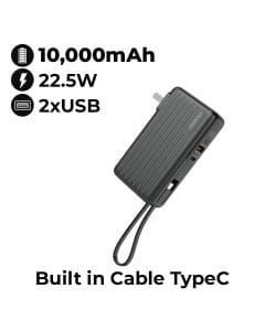 Moxedo Porta-Go 10000mAh Power Bank with AC Plug, USB-C Cable & 2 Travel Adapters - Black | MX-PB013