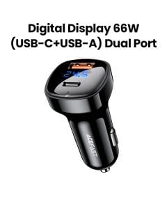 Acefast Digital Display 66W Dual Port Car Charger (USB-C+USB-A) - Black | B4