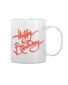 White Mug Printed in Red Happy Birthday