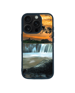 iPhone 16 Pro Max Black Case Printed With Scenic View Waterfall Againest Sky Sunset