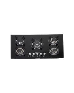 Clikon 5 Burner Gas Hob Stainless Steel Glass Top, Auto Ignition System, Heavy Duty Pan Support | Black/Silver - CK4297