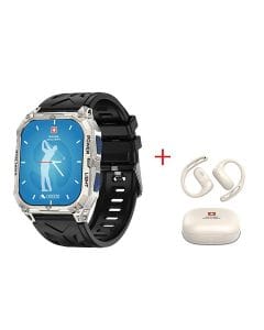 Swiss Military Alps Sport Smartwatch – Blue Buttons, Steel Case, Black Strap + Delta7 Pro Buds | SM-BD-ALPS-SP-D7PRO-BB-SF-BKS