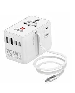 Swiss Military International Travel Adapter 70W GaN – Universal Charger with Inbuilt Cable, Compact Fast Charging, White | SM-TC-70W-GAN-MINI-CABLE-WHI