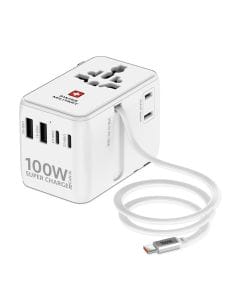 Swiss Military International Travel Adapter 100W GaN – Universal Charger with Inbuilt Cable, Compact Fast Charging, White | SM-TC-100W-GAN-MINI-CABLE-WHI