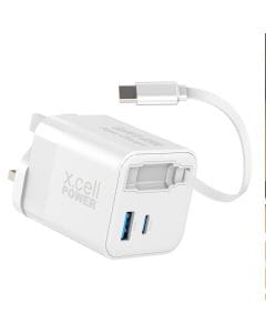 XCell USB-C + USB-A Retractable Cable 45W – Fast Charging GaN II, Durable Compact Design, White | XL-HC-45W-GaNII-CBL-1C1A-WHI