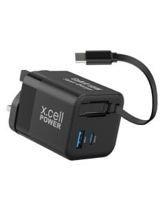 XCell USB-C + USB-A Retractable Cable 65W – Fast Charging GaN II, Durable Compact Design, Black | XL-HC-65W-GaNII-CBL-1C1A-BLK