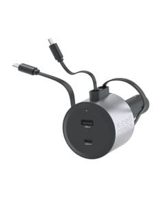 XCell 4-in-1 Car Charger – USB-C & USB-A Ports with Lightning & Type-C Cables, Fast Charging, Silver | XL-CC-4IN1-1C1A-2CABLE-LC-SILV