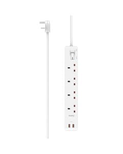 Hama Power Strip UK Plug 4-Way with 2x USB-A Ports, 1.5m Cable, Surge Protection | White - D3223851