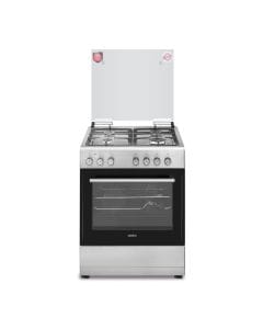 Simfer 4 Burner Electric Oven 60x60cm, Timer + Rotisserie With 9 Functions, Turbo Fan, Hob And Oven Ignition, Turnspit, Cast Iron Grid - Silver - 6060SE