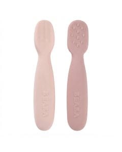 Beaba Silicone Pre-Spoons 4+ Months Set of 2, Grip Optimization, Gentle On Gums, Round Ergonomic Handle - Cotton Candy/Sorbet