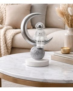 Luxury Signature Astronaut Figurine on Crescent Moon, 18cm Decorative Statue, Modern Home Decor Accent for Living Room, Bedroom, Office & Gift